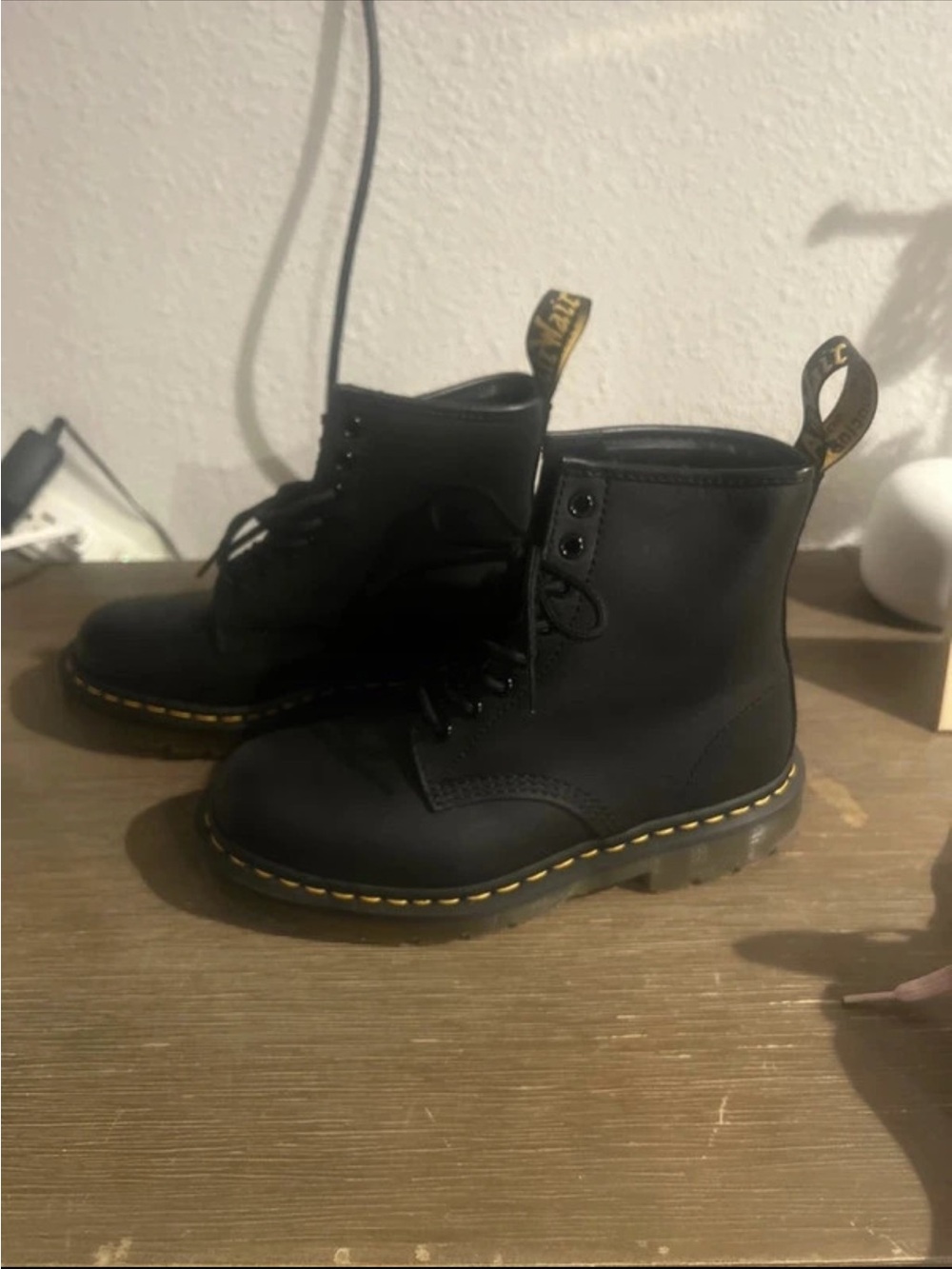 Dr Martens Black Lace-Up Boots with Yellow Stitching
